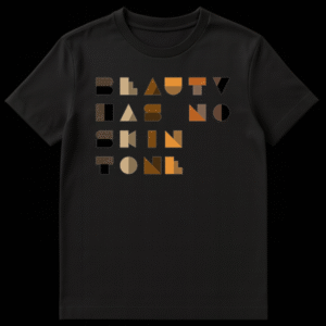 T-shirt with stylized geometric text 'BEAUTY LASTING SKIN TONE' in brown and orange on black background on Black t-shirt