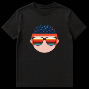 Stylized head design with a dark blue starry brain and chunky black sunglasses with colorful striped lenses against a black background. on Black t-shirt