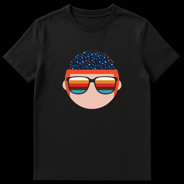 Stylized head design with a dark blue starry brain and chunky black sunglasses with colorful striped lenses against a black background. on Black t-shirt
