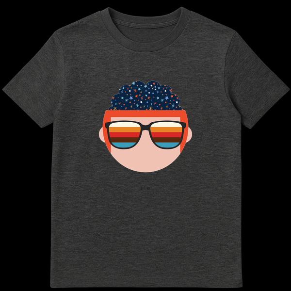 Stylized head design with a dark blue starry brain and chunky black sunglasses with colorful striped lenses against a black background. on Dark Heather t-shirt