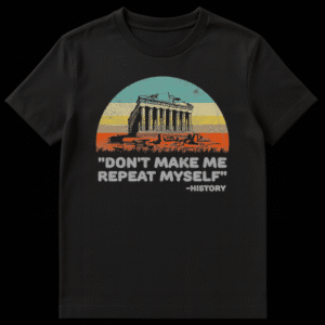 Vintage history t-shirt with Parthenon silhouette and 'Don't Make Me Repeat Myself - History' text, distressed sunset background on Black t-shirt