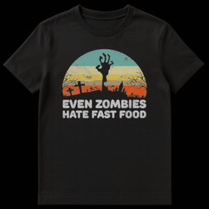 Halloween t-shirt with a distressed graphic showing a zombie hand, graveyard, and 'Even Zombies Hate Fast Food' text. on Black t-shirt