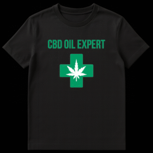 Black t-shirt with bold white text 'CBD OIL EXPERT' on Black t-shirt