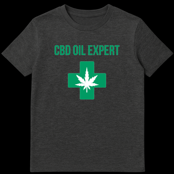 Black t-shirt with bold white text 'CBD OIL EXPERT' on Dark Heather t-shirt