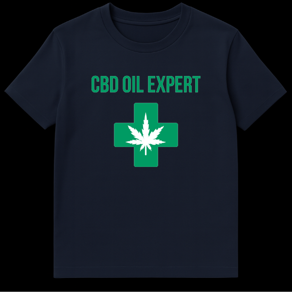 Black t-shirt with bold white text 'CBD OIL EXPERT' on Navy Blue t-shirt