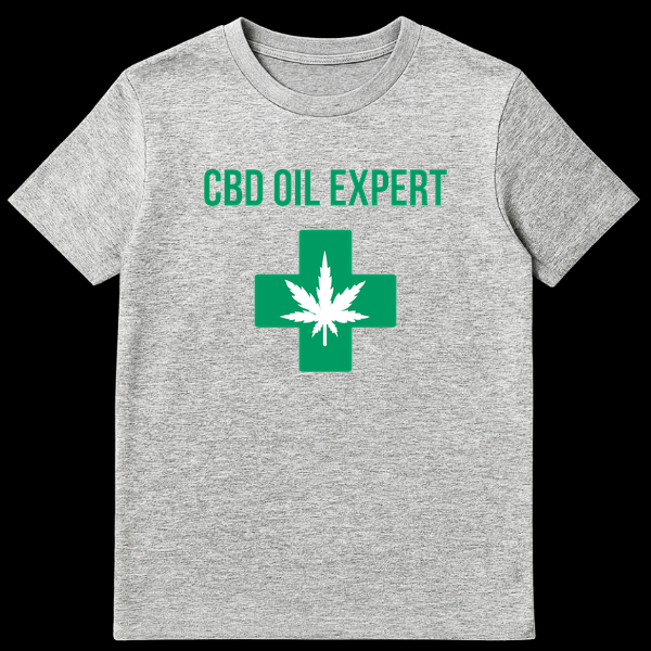 Black t-shirt with bold white text 'CBD OIL EXPERT' on Sports Grey t-shirt