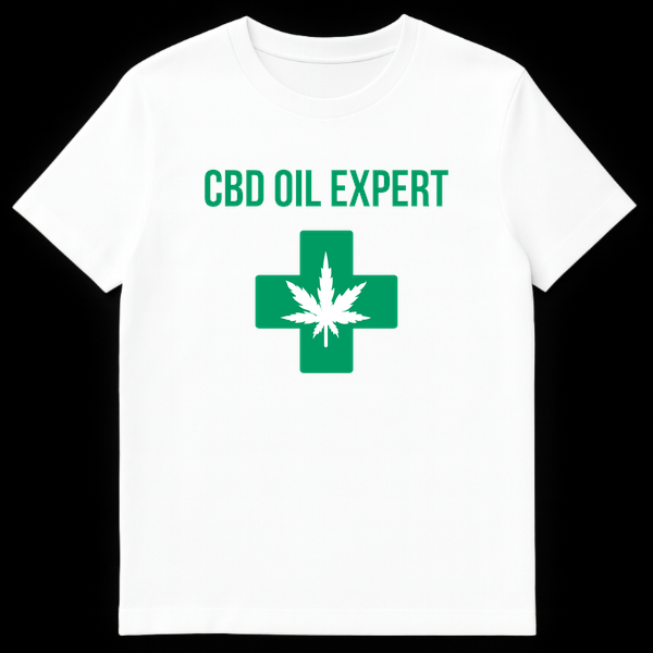 Black t-shirt with bold white text 'CBD OIL EXPERT' on White t-shirt