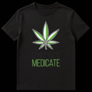 Black t-shirt with stylized green and white striped cannabis leaf and 'MEDICATE' text in bright green on Black t-shirt