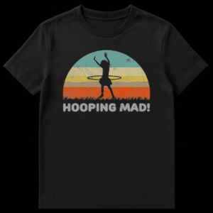 Hula Hooping Mad T-Shirt with vintage sunset and hula hooper silhouette on black background on Black t-shirt