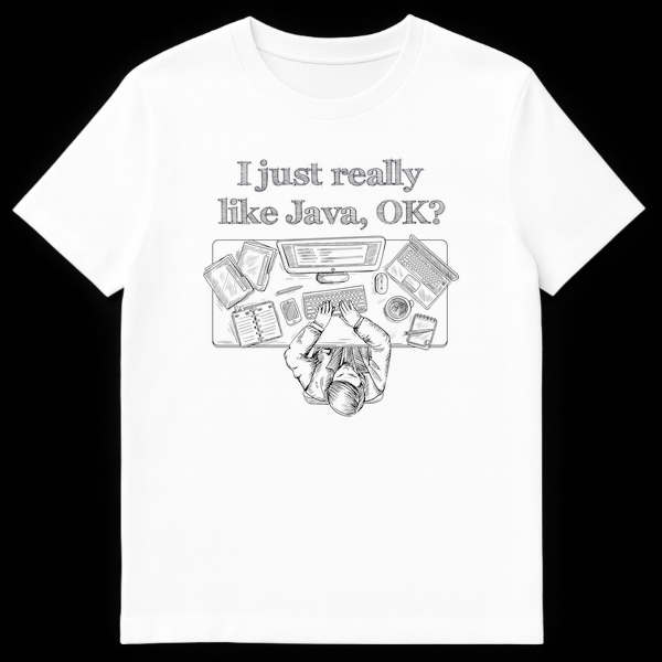 Black and white hand-drawn t-shirt design with 'I just really like Java, OK?' text above a programmer's desk setup viewed from top-down, showing monitor, keyboard, and coffee mug. on White t-shirt