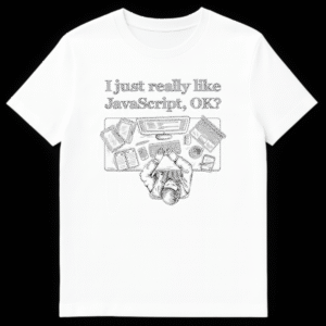 Black and white sketch t-shirt with a top-down view of a programmer at a desk with computer, laptop, and coffee, and text 'I just really like JavaScript, OK?' on White t-shirt