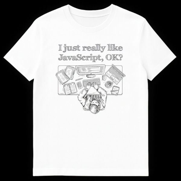 Black and white sketch t-shirt with a top-down view of a programmer at a desk with computer, laptop, and coffee, and text 'I just really like JavaScript, OK?' on White t-shirt