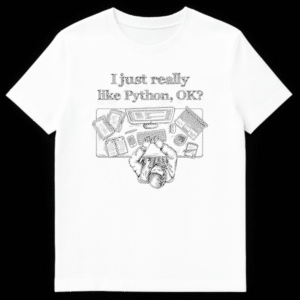Black and white hand-drawn illustration t-shirt with text 'I just really like Python, OK?' above an overhead view of a person coding at a desk with a computer monitor, keyboard, mouse, laptop, smartphone, mug, and notepad. on White t-shirt