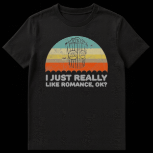 Retro cinema themed t-shirt with a distressed popcorn bucket outline over striped background and 'I JUST REALLY LIKE ROMANCE, OK?' text. on Black t-shirt
