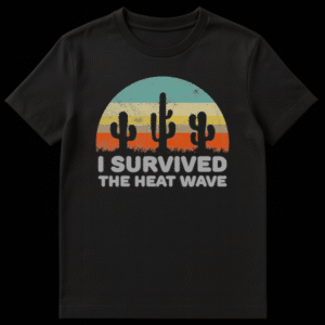 White t-shirt with bold black text 'I SURVIVED THE HEAT WAVE' printed on the front, representing summer weather survival. on Black t-shirt