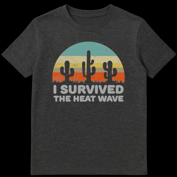 White t-shirt with bold black text 'I SURVIVED THE HEAT WAVE' printed on the front, representing summer weather survival. on Dark Heather t-shirt