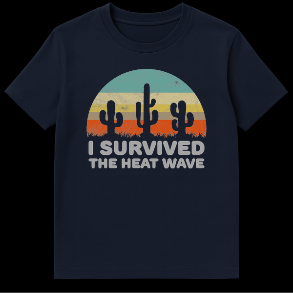 White t-shirt with bold black text 'I SURVIVED THE HEAT WAVE' printed on the front, representing summer weather survival. on Navy Blue t-shirt