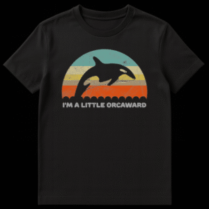 I'M A LITTLE ORCAWARD t-shirt design with a black stylized killer whale against a retro-striped background in teal, cream, brown, and orange. on Black t-shirt