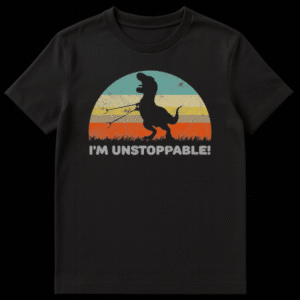 Humorous black T-Rex silhouette with grabber tools and 'I'M UNSTOPPABLE!' text on retro sunset background on Black t-shirt