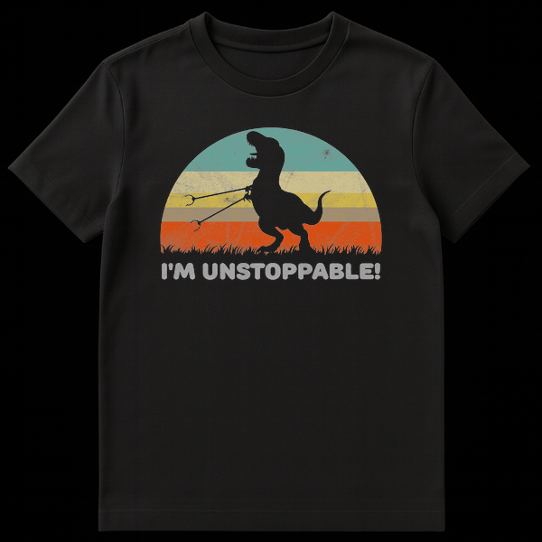 Humorous black T-Rex silhouette with grabber tools and 'I'M UNSTOPPABLE!' text on retro sunset background on Black t-shirt
