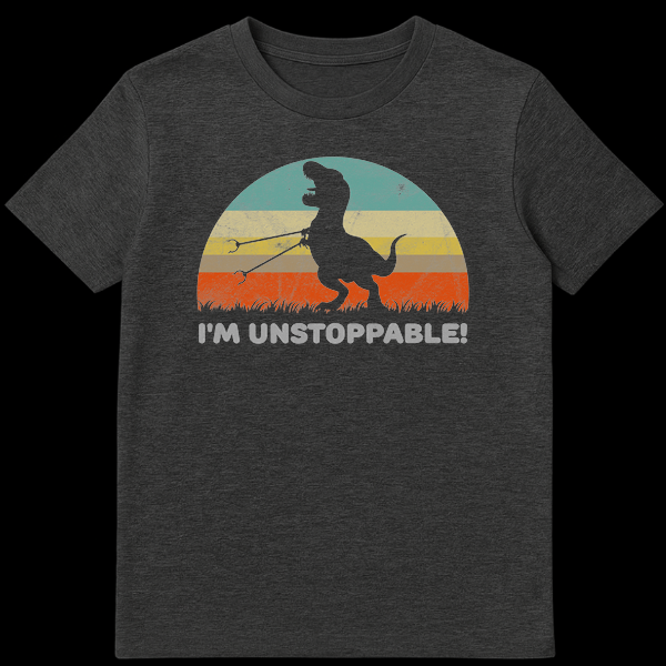 Humorous black T-Rex silhouette with grabber tools and 'I'M UNSTOPPABLE!' text on retro sunset background on Dark Heather t-shirt