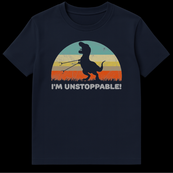 Humorous black T-Rex silhouette with grabber tools and 'I'M UNSTOPPABLE!' text on retro sunset background on Navy Blue t-shirt