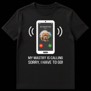 Humorous black t-shirt with a white phone screen design. The screen shows an incoming call from a tan and brown Mastiff puppy, with green 'answer' and red 'reject' buttons. A white ringing animation is visible. on Black t-shirt