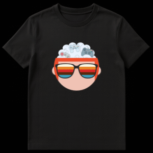 Stylized head with orange-red hair and black sunglasses, topped with a thought cloud filled with colorful video game controllers against a black background. on Black t-shirt