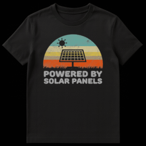 Retro distressed black t-shirt with a semi-circular striped sunset graphic, a solar panel silhouette, and 'POWERED BY SOLAR PANELS' text. on Black t-shirt