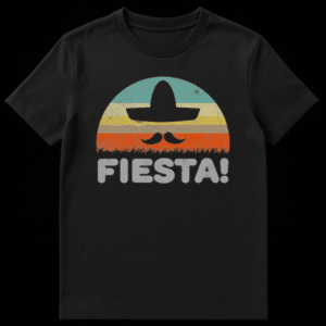 Black t-shirt with a retro distressed graphic featuring a striped sunset backdrop, black silhouettes of a sombrero, mustaches, and grass, with the word 'FIESTA!' in distressed grey letters below. on Black t-shirt