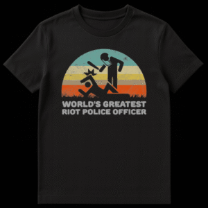 Vintage distressed graphic t-shirt featuring a silhouetted riot police officer with a baton over a fallen figure against a striped sunset. Text reads 'WORLD'S GREATEST RIOT POLICE OFFICER' in light grey. on Black t-shirt