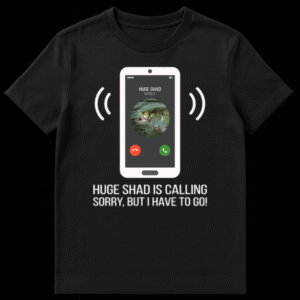 Humorous black t-shirt design with a smartphone displaying an incoming call from 'HUGE SHAD MOBILE' with a shad fish profile picture, and text below saying 'HUGE SHAD IS CALLING SORRY, BUT I HAVE TO GO!' on Black t-shirt