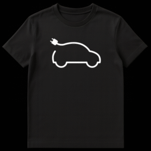 Electric Vehicle charging car graphic t-shirt design for EV drivers on Black t-shirt