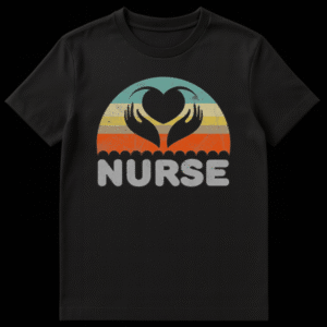 Distressed vintage-style t-shirt design with black hands forming a heart against teal, yellow, taupe, orange stripes, and the word NURSE in grey on a black background. on Black t-shirt