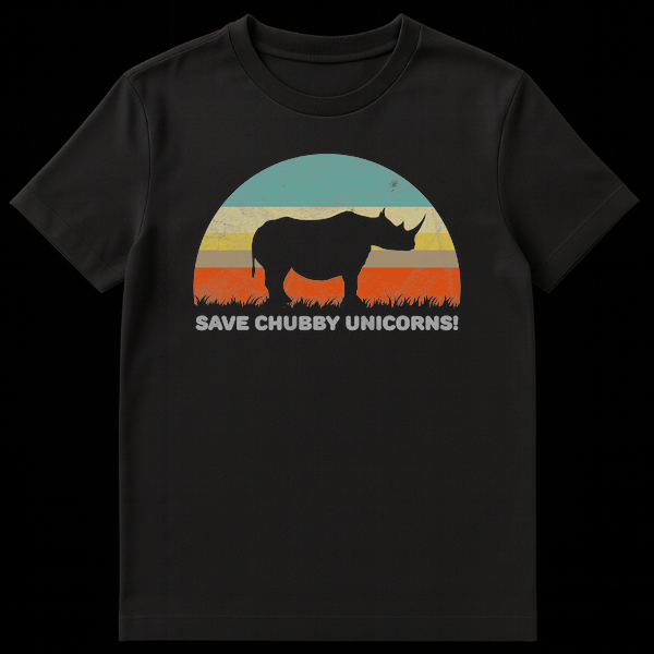 Vintage-style graphic t-shirt with a black rhinoceros silhouette, retro striped background, and white text 'SAVE CHUBBY UNICORNS!' for rhino conservation. on Black t-shirt