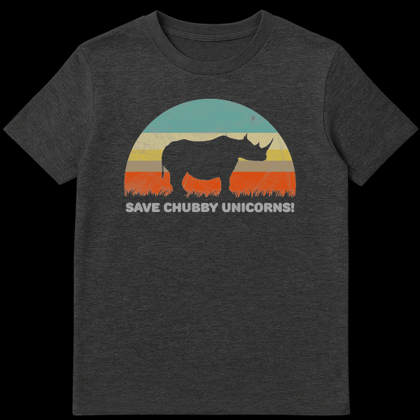 Vintage-style graphic t-shirt with a black rhinoceros silhouette, retro striped background, and white text 'SAVE CHUBBY UNICORNS!' for rhino conservation. on Dark Heather t-shirt
