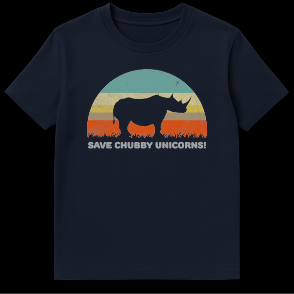 Vintage-style graphic t-shirt with a black rhinoceros silhouette, retro striped background, and white text 'SAVE CHUBBY UNICORNS!' for rhino conservation. on Navy Blue t-shirt