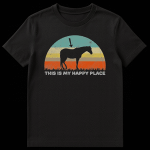 Distressed black t-shirt with a vintage design featuring a black horse silhouette against a striped sunset, with 'THIS IS MY HAPPY PLACE' text below, appealing to horse lovers and equestrians. on Black t-shirt