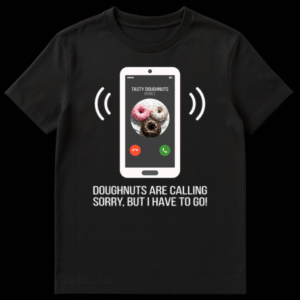 T-shirt with phone graphic showing 'TASTY DOUGHNUTS MOBILE' and text 'DOUGHNUTS ARE CALLING, SORRY, BUT I HAVE TO GO!' on Black t-shirt