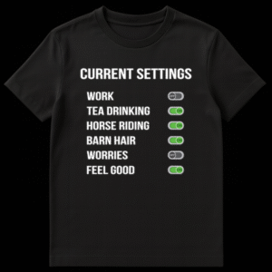 Black t-shirt with white text 'CURRENT SETTINGS' and toggle switches for 'WORK OFF', 'TEA DRINKING ON', 'HORSE RIDING ON', 'BARN HAIR ON', 'WORRIES OFF', 'FEEL GOOD ON' on Black t-shirt