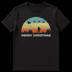 Black t-shirt with a vintage-style graphic of Santa's sleigh, Bigfoot, and pine trees silhouetted against a striped sunset, with "MERRY CHRISTMAS" text below. on Black t-shirt