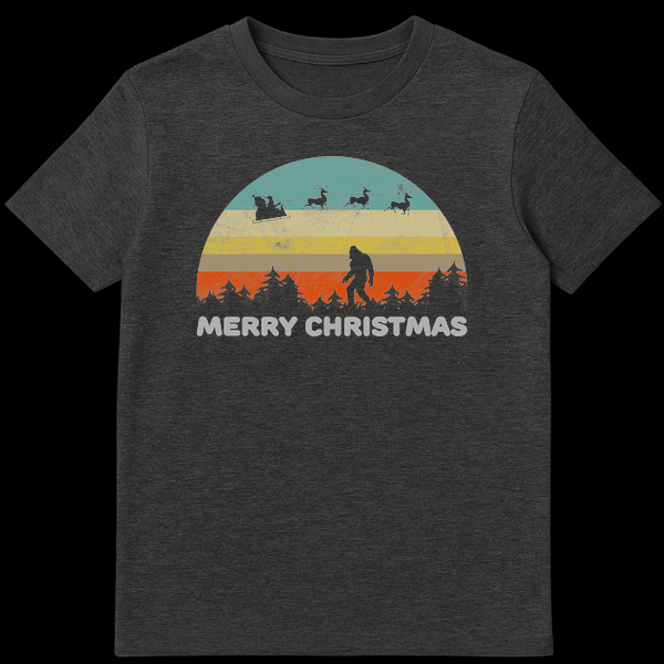 Black t-shirt with a vintage-style graphic of Santa's sleigh, Bigfoot, and pine trees silhouetted against a striped sunset, with "MERRY CHRISTMAS" text below. on Dark Heather t-shirt