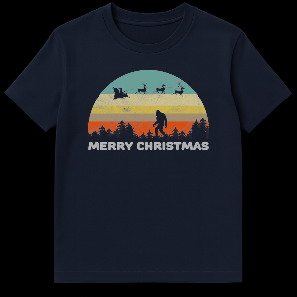 Black t-shirt with a vintage-style graphic of Santa's sleigh, Bigfoot, and pine trees silhouetted against a striped sunset, with "MERRY CHRISTMAS" text below. on Navy Blue t-shirt