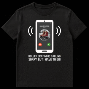 White smartphone graphic on black background receiving a call from 'Roller Skating' with vintage red roller skates profile picture. Below, text reads 'ROLLER SKATING IS CALLING SORRY, BUT I HAVE TO GO!' on Black t-shirt