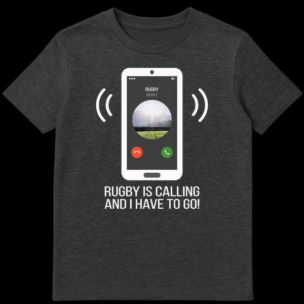 White graphic t-shirt with a white smartphone showing 'RUGBY MOBILE' caller ID and a rugby field, with text 'RUGBY IS CALLING AND I HAVE TO GO!' on Dark Heather t-shirt