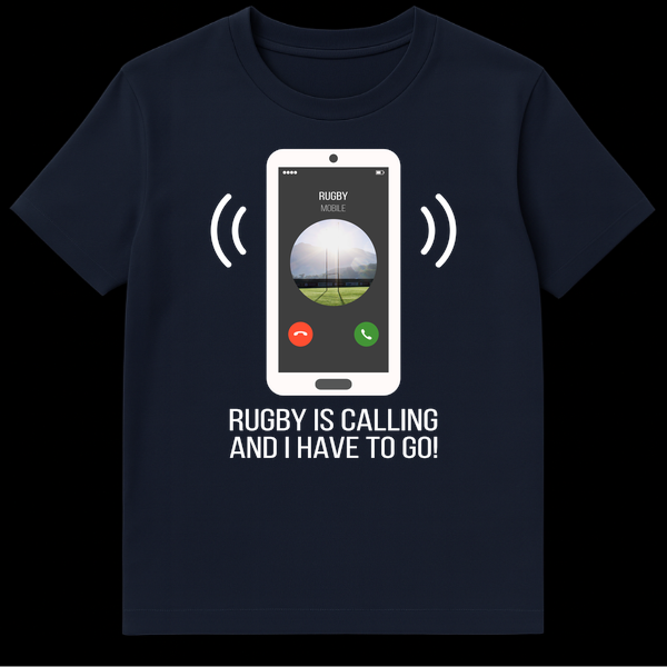 White graphic t-shirt with a white smartphone showing 'RUGBY MOBILE' caller ID and a rugby field, with text 'RUGBY IS CALLING AND I HAVE TO GO!' on Navy Blue t-shirt