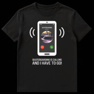 White smartphone graphic on black t-shirt with SKATEBOARDING MOBILE text, skatepark image, and 'Skateboarding is Calling and I Have to Go!' slogan. on Black t-shirt