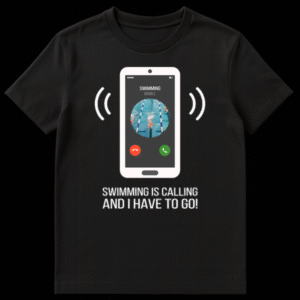 Black t-shirt with a white graphic of a smartphone receiving a call from 'SWIMMING MOBILE' and text 'SWIMMING IS CALLING AND I HAVE TO GO!' on Black t-shirt