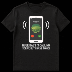 Humorous fishing t-shirt design showing a smartphone screen with 'HUGE BASS' calling, a bass fish profile picture, and the text 'HUGE BASS IS CALLING, SORRY, BUT I HAVE TO GO!' against a black background. on Black t-shirt
