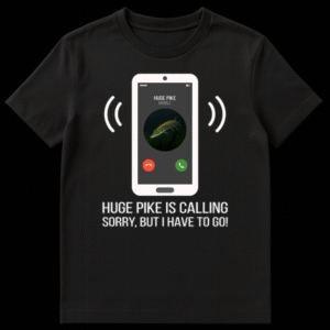 Black t-shirt with a white graphic of a smartphone showing 'Huge Pike' calling, a pike fish profile, and call buttons. Below, white text reads 'HUGE PIKE IS CALLING SORRY, BUT I HAVE TO GO!' on Black t-shirt
